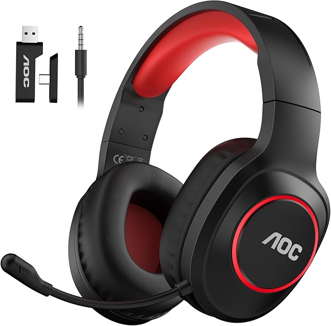 AOC Bluetooth Gaming Headset with Mic for PC PS5/4 Nintendo Switch 2.4GHz Wireless Gaming Headphones with RGB USB-C 7.1 Virtual Surround 20ms Latency 45H Playtime- Red