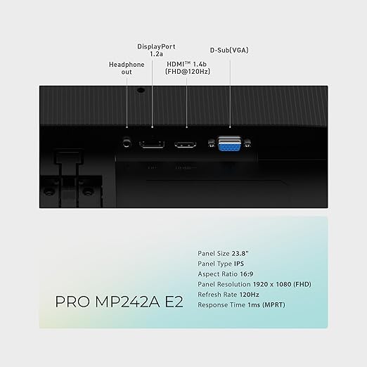 msi PRO MP242A E2 24-inch IPS 1920 x 1080 (FHD) Gaming Office Monitor 120Hz Adaptive-Synch HDR Ready HDMI VGA Port Display PortVESA Mountable Tilt Speaker 4-Side Slim Bezel1ms Black