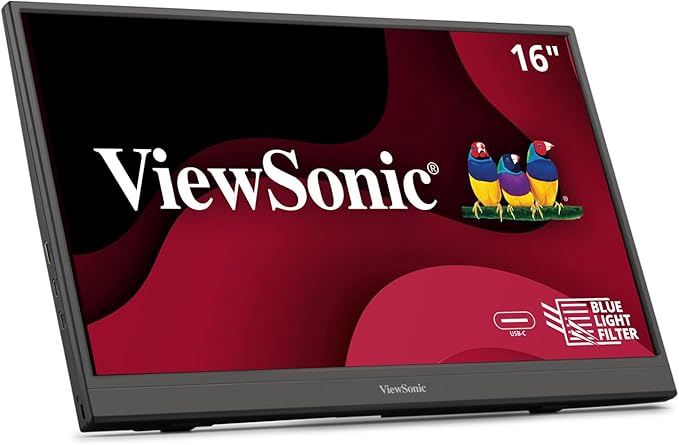 ViewSonic VA1653 16 Inch 1080p FHD IPS Portable Monitor with Eye Care Built-in Stand USB C Mini HDMI and Protective Case External Second Screen for Laptops PC Mac and Gaming Consoles