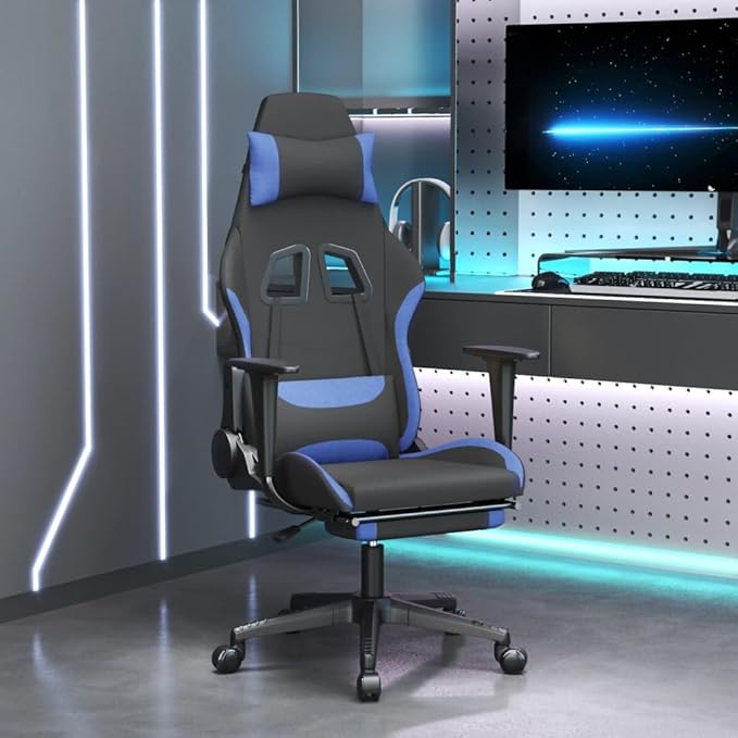 Gaming Chair with Adjustable Armrests and Reclining Backrest Black and Blue Fabric Height-Adjustable Includes Footrest Durable Plywood and Metal Frame for Home Office