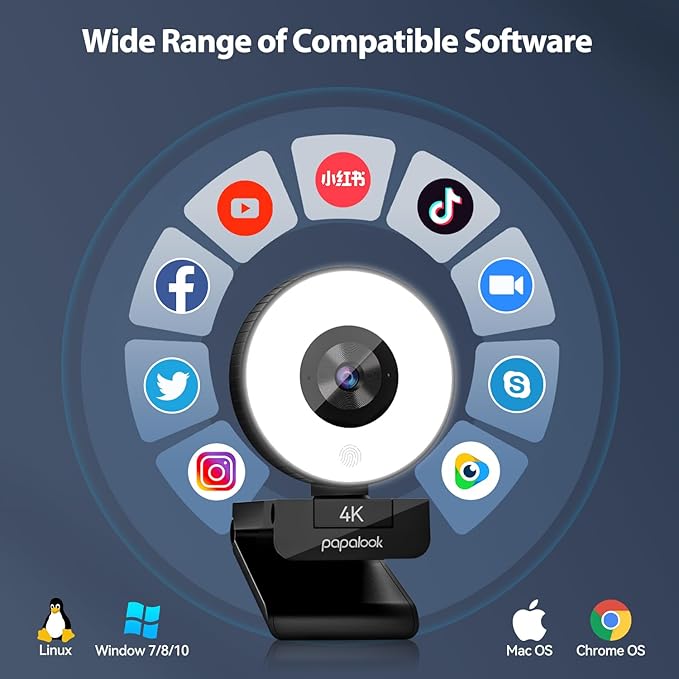 papalook 4K Autofocus Webcam with Light UHD Web Camera with Remote Control and Dual Noise-Cancelling Mics Plug and Play USB Webcams for PC Laptop Zoom Skype Teams Google Meet