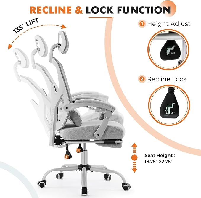 Ergonomic Office Chair with Footrest Comfortable Desk Chair Gaming Chair with Leg Rest Swivel Mesh Desk Chair with Headrest and Lumbar Support for Home Office Work Study Grey