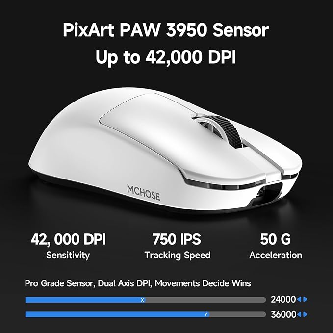 MCHOSE L7 Ultra+ Wireless Gaming Mouse Ultra-Lightweight Ergonomic Mouse with 42K DPI PAW3950 Optical Switch 20000 FPS Dual 8K Polling and 7 Programmable Buttons 3-Mode Connect PC/Mac - White