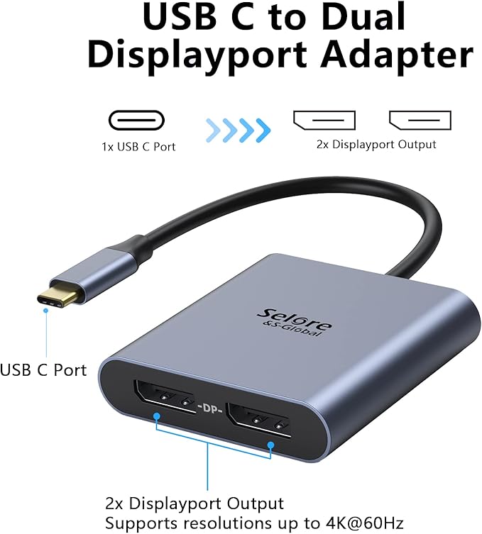 USB-C to Dual 4K DisplayPort Splitter Adapter USB-C to DisplayPort Dual Monitor Converter 4K 60Hz USB-C DisplayPort Hub Compatible for Dell XPS 13/15 Lenovo Yoga Samsung Chromebook HP and More
