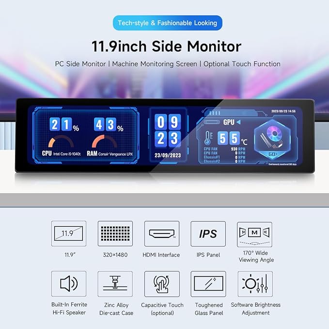 Waveshare 11.9inch IPS Display Compatible with Raspberry Pi 5/4B/3B+/3A+/2B/Zero 2W CM3+/4 5-Point TouchDriver FreeDual-Track SpeakerSoftware Brightness AdjustmentNO Touch Function