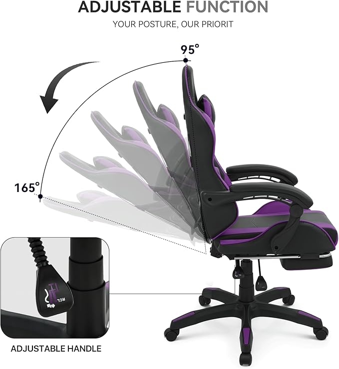 Gaming Chair Ergonomic Computer Chairs with Arms Lumbar Support Footrest Headrest 360°Swivel Chair Adjustable Back and Height Leather PC Chairs for Gaming Study Office Black/Purple