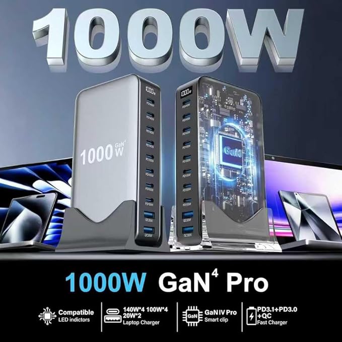 1000W USB C Fast Charger Block 10 Ports GaN IV Pro USB Chagring Station 140W PD QC HUB for Multiple Devices Laptop Adapter Compatible with MacBook Pro/Air iPad iPhone Pro Max Galaxy Dell HP