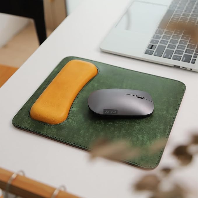 Leather Mouse Pad with Wrist Support Vintage Frosted Leather Handmade Ergonomic Design 25x21cm (Green with Yellow)