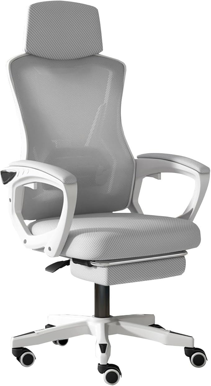 Ergonomic Gaming ChairLatex Cushion Comfortable and Breathable Office Chair Height Adjustable Computer Chair with Footstool(Whitewith_Grey)