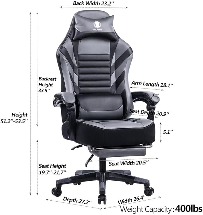 Gaming Chair with Foot Rest Ergonomic High Back Computer Chair with Massage Lumbar Support Swivel PU Video Racing Office Height Adjustable Height for Office Bedroom (Grey)