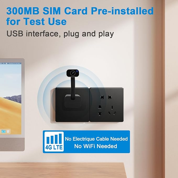 4G USB Wifi Camera with 300M SIM CardNo Wi-Fi NeededHD2K Smallest Wireless Wifi 4G USB CameraMotion Alert with App Live StreamingMotion DetectionNight VisionCloud Storage for iOS/Android APP