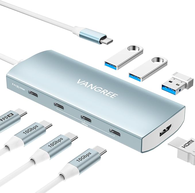 USB C Hub 8 in 1 Multiport Adapter 3 USB 3.2 Gen 2 Ports with 10Gbps 3 USB-A 3.0 5Gbps 4K@60Hz HDMI 100W PD USBC Splitter for MacBook Pro iPad Pro Mac mini and More(Not Support USB-C Monitor)