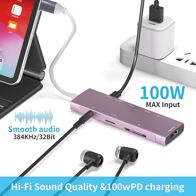 USB C HUB for iPad Pro 9-in-1 Adapter iPad Pro M4 M2 M1 13 12.9 11 inch iPad Air 5 4 Docking Station with 4K HDMI USB-C PD SD/TF Card Reader USB 3.0 3.5mm Headphone Jack Type C Data iPad mini 6