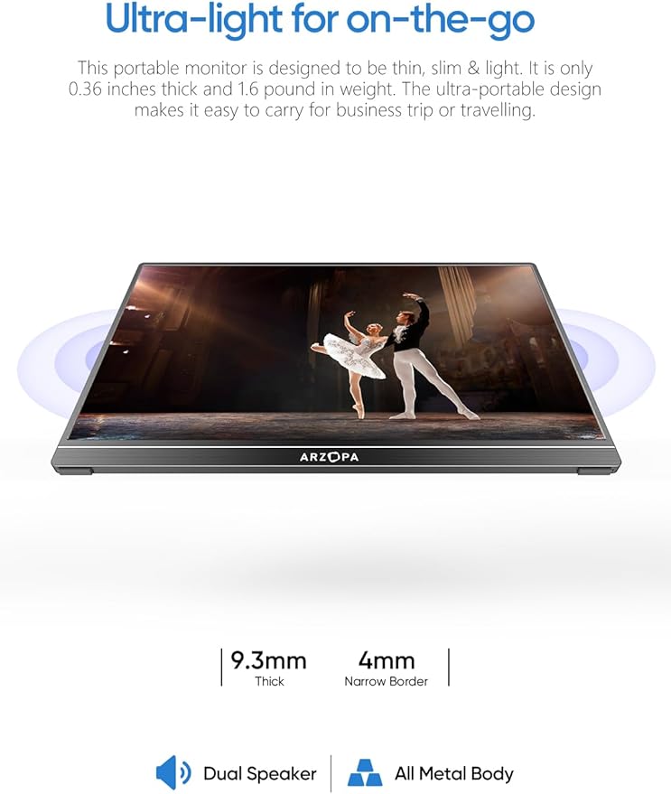 ARZOPA Portable Monitor &amp Sleeve 15.6'' 1080P FHD Laptop Monitor &amp PU Sleeve Bag Combination