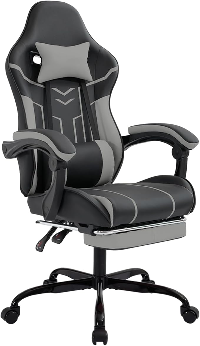 Gaming Chair with Massage and Footrest Ergonomic High Back PC Racing Chair 300LBS Capacity with Adjustable Lumbar Support &amp Headrest for Office and Desk (Model D Black+Grey)