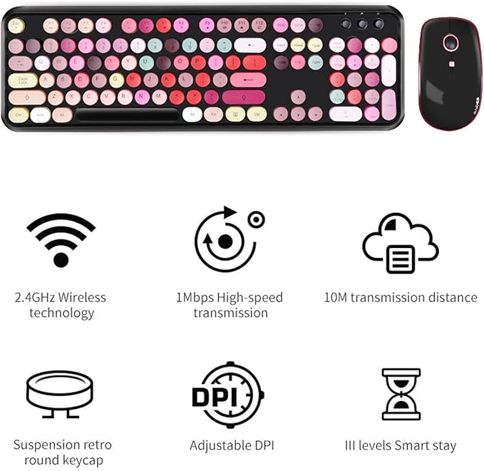 FOPETT Keyboard and Mouse Sets Wireless Reliable 2.4 GHz Connectivity for PCLaptopSmart TV and More (Black Colorful)