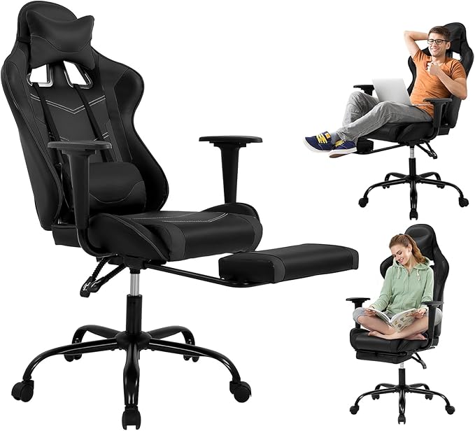 BLKMTY Gaming Chair Reclining Computer Chair with Footrest and Lumbar Support Height Adjustable Game Chairs with Swivel Seat and Headrest for Home Office or Gaming (Black)
