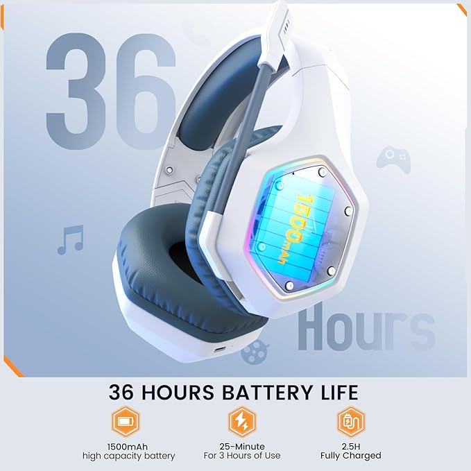 EKSA E1000WT Wireless Gaming Headset2.4GHz USB Gaming Headphones with Microphone for PC PS5 PS4 Nintendo Switch 7.1 Surround Sound Headset RGB Light Ergonomic Design for Birthday Gift