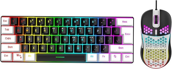 GOWENIC 61 Key RGB Illuminated Keyboard Multi Color LED Backlit Wired Gaming Keyboard and Mouse Combo for Tablet Laptop (Black Center White)