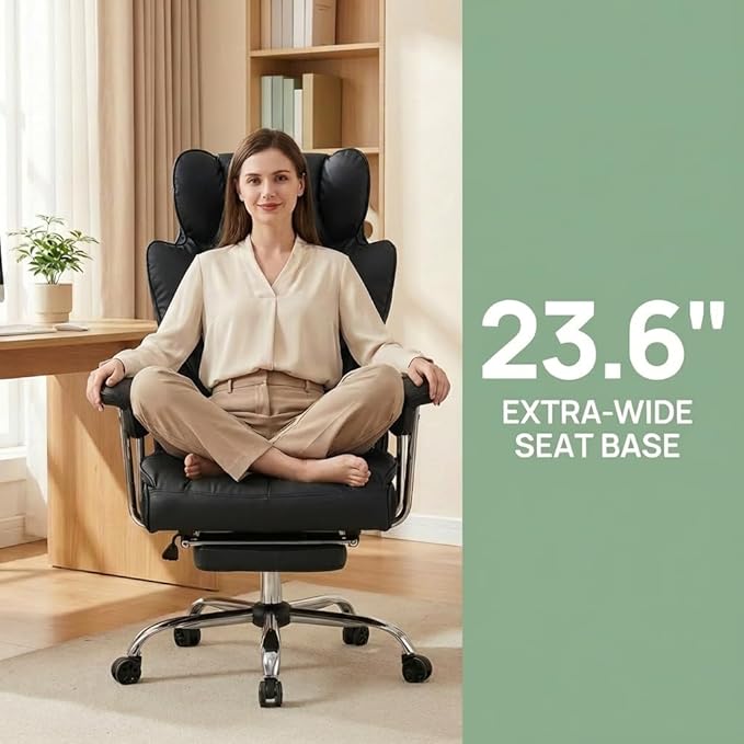 Big and Tall Office Chair 400lbs - Heavy Duty Executive Desk Chair with Footrest High Back PU Leather Ergonomic Computer Chair with Extra Wide Seat &amp Thick Cushion for Home Office (Black)