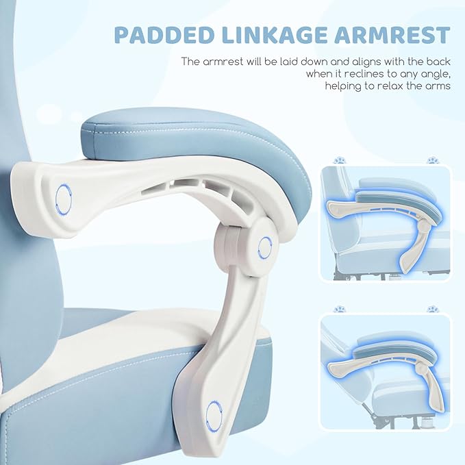 Gaming Chairs Comfy Video Game Chair for Adults with Cat Ears Pocket Spring Cushion Massage Lumbar Support &amp Headrest Ringing Accessories Cute Leather Ergonomic Computer Chair for Girls Blue/Wh