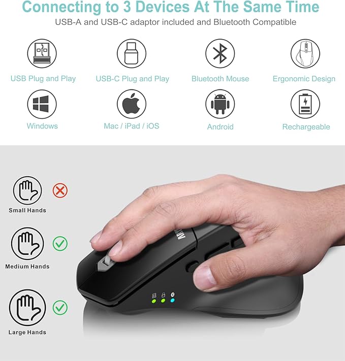Arteck Multi-Device Wireless Bluetooth Mouse with Nano USB-A USB-C Receiver Ergonomic Right Hand Silent Clicking Rechargeable Mouse for Computer Desktop PC Laptop Mac iPad and Windows 11/10 iPad OS