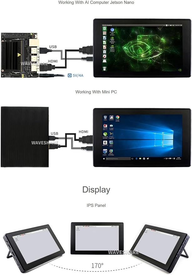 7inch Capacitive Touch Screen LCD for Raspberry Pi 5 4 3/Jetson Nano/PC Windows/Game Console 1024×600 Resolution HDMI IPS with Black Cover Case (7inch HDMI LCD (H) with case)