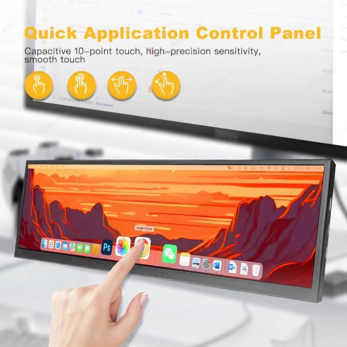 12.6 Inch Stretched Bar LCD Touchscreen Display IPS 1920x515 Small Sub Monitor Wide USB C &amp mini HDMI Monitor with Stand Dual Speakers for PC Laptop Computer