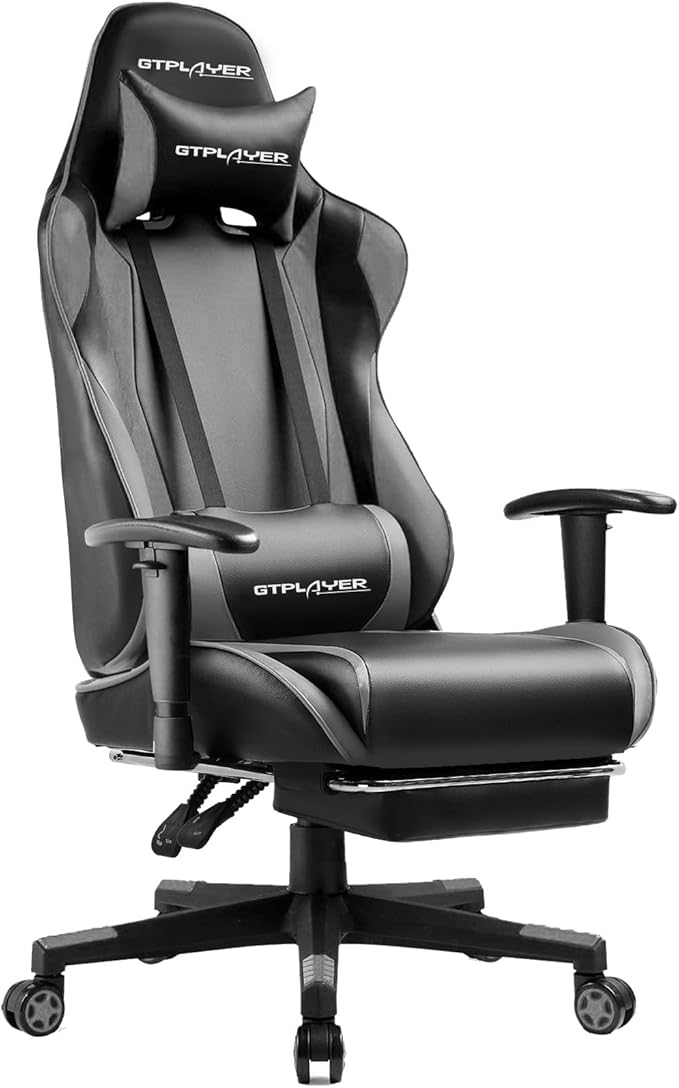 GTPLAYER Gaming Chair with Footrest Ergonomic Computer Game Desk Chair Reclining Gamer Chair Seat Height Adjustment Swivel Rocker with Headrest and Lumbar (Gray)