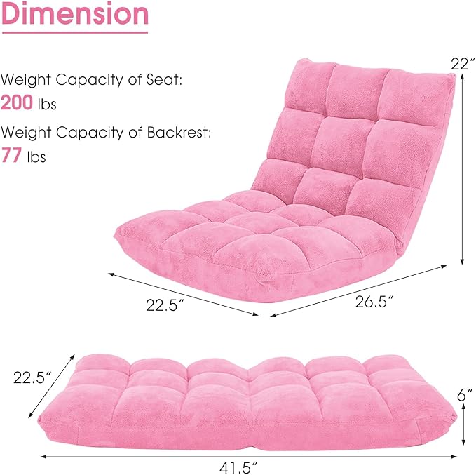 Floor Chair Lounger Folding Gaming Sofa Chaise Lounge with 14 Adjustable PositionSteel FrameSponge Padded Sleeper Bed Couch Recliner(Pink)