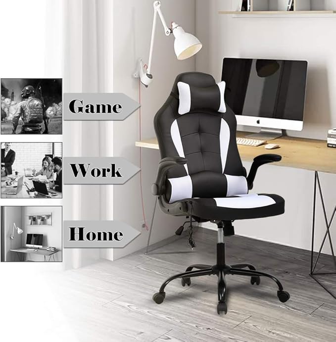 Racing Office Gaming Chair - High Back Executive Computer Desk Chair with Headrest Massage Lumbar Support - Black