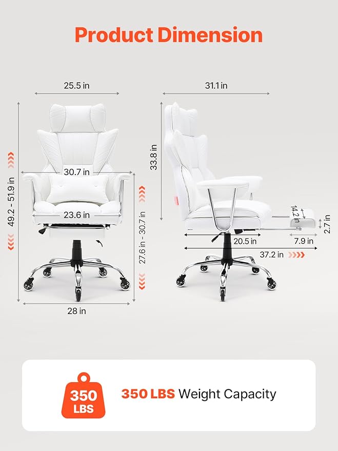 VEVOR Reclining Office Chair with Footrest Heavy Duty PU Leather Oversize Office Chair Big and Tall Executive Office Chairs with Lumbar Support Strong Metal Base Quiet Wheels White