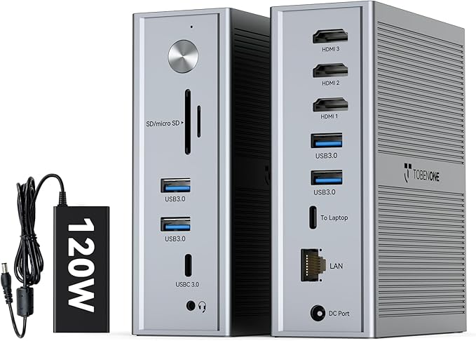 TobenONE DisplayLink Docking Station 3 Monitors 14-in-1 Triple Monitor Dock for M1-M5 MacBook/Mac mini Windows Chrome (3HDMI 120W Power Supply 5 USB Home Office &amp Professional Workspace