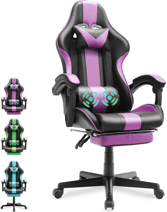 Huracan Gaming Computer Chair with Footrest and Lumbar Support Adjustable Video Game Chairs for Adults Ergonomic Reclining Desk Chair with Headrest for Office or Gaming Purple