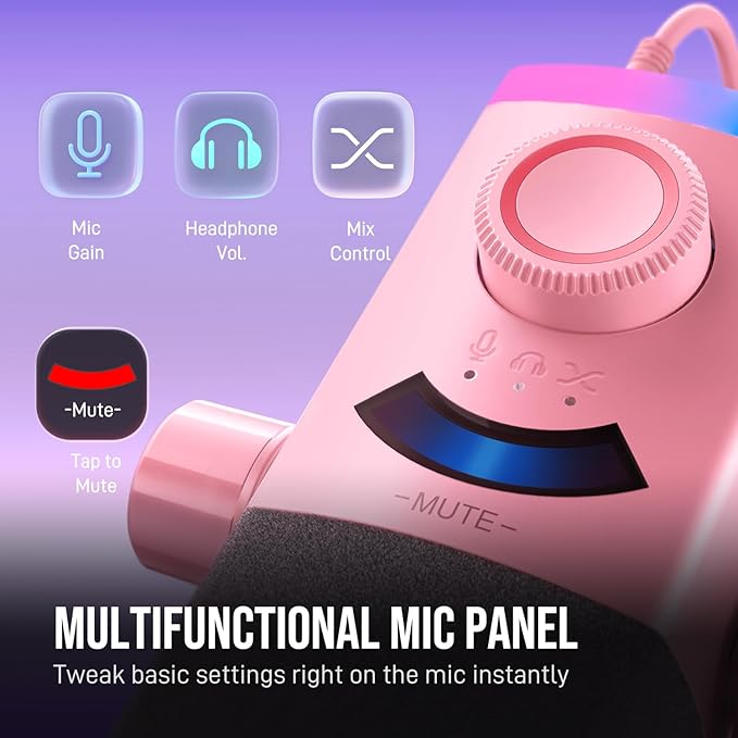 FIFINE XLR/USB Gaming Microphone Kit with Boom Arm Stand RGB Streaming Mic for Computer Compatible with PC/PS4/PS5 Podcast Mic Set with Headphone Jack Volume Knob Mute-AmpliGame AM8PROT Pink