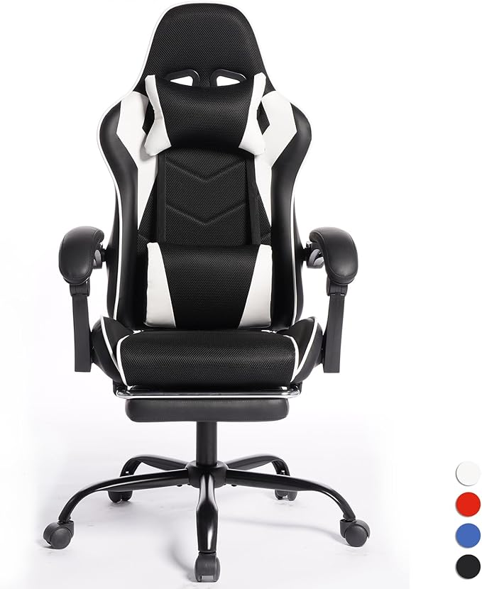 Gaming Chair with Footrest Ergonomic High Back Desk Chair for Adults 155° Recline Massage Lumbar Support &amp Memory Foam Headrest Breathable Mesh PU Leather Adjustable Swivel (White)