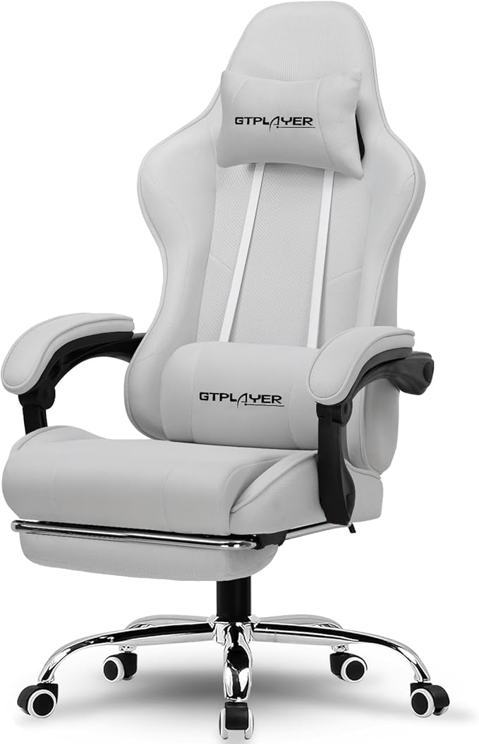 GTPLAYER Gaming Chair with Footrest Computer Chair with and Lumbar Support Height Adjustable Game Chair with 360°-Swivel Seat and Headrest and for Office or Gaming (All Light Gray-Fabric)