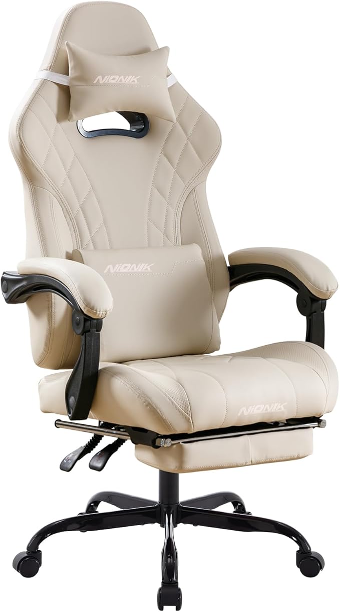 Gaming Chair with Footrest and Massage Lumbar Support Ergonomic Computer Gamer Chair Office Video Game Chairs with Adjustable Height and Backrest (Beige)