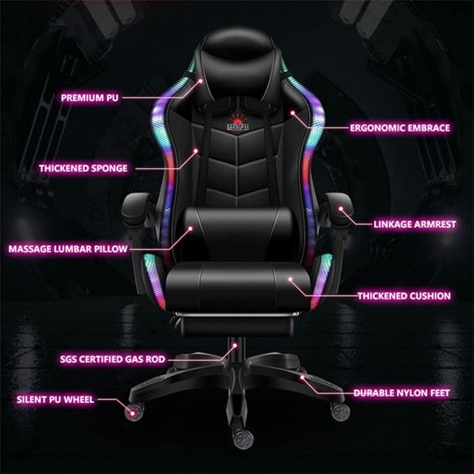 RGB LED Gaming Chair with Bluetooth Speakers Ergonomic Video Game Chair with Footrest Office Chair Reclining Computer Chair PU Leather Chair with Adjustable Backrest and Armrest