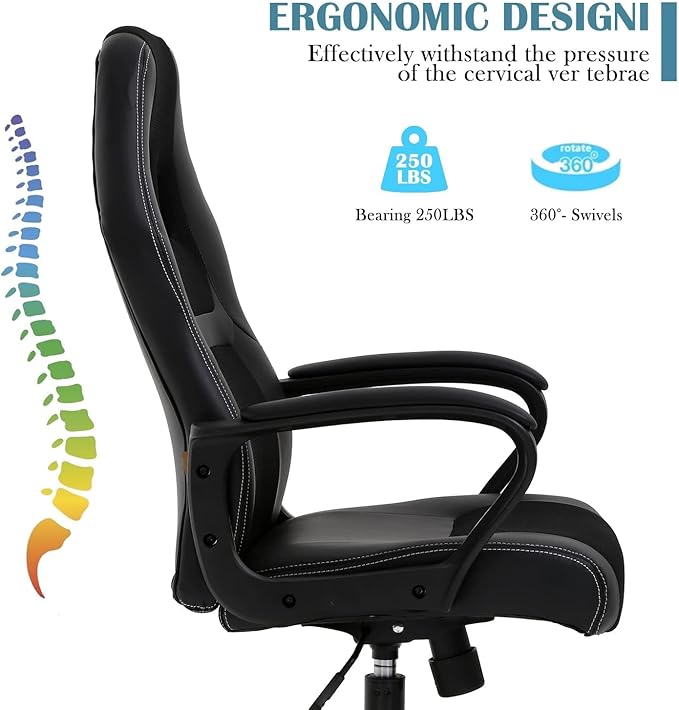 Executive PC Gaming Chair with Lumbar Support &amp Headrest - Ergonomic Leather Racer Task Chair for Home Office Gaming Room - Heavy Duty &amp Comfortable (Black)