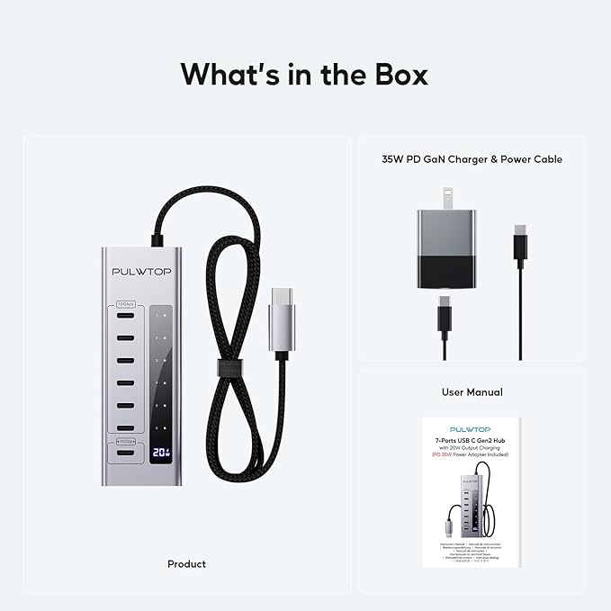 Powered USB C Hub PULWTOP 7 in 1 USB C Hub Support Data 10Gbps &amp Charging(Not Support Video) USB C Powered Hub 10Gbps Ports for iMac MacBook Pro/Air iPad XPS USB Hub with 35W PD Power Adapte