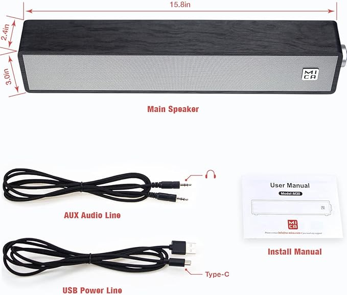 MICA Bluetooth Computer Speakers Angled Wooden Computer Sound Bar 3.5mm Aux-in Connection Wired USB Powered PC Speakers for Desktop Monitor Laptop Tablet - Yellow &amp Black (M30T)