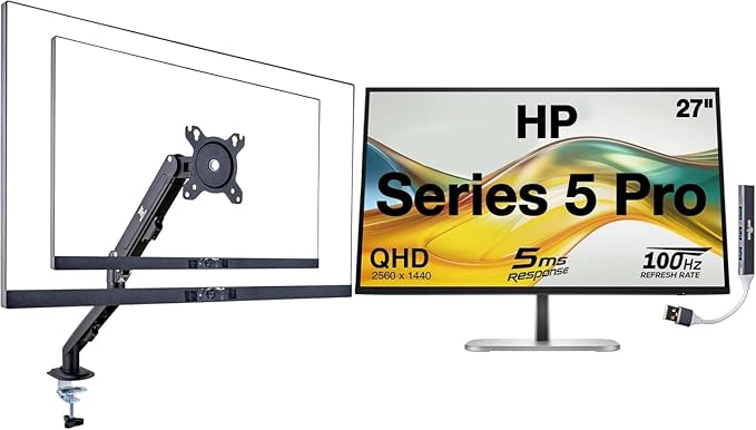 HP Series 5 Pro 27 QHD IPS Monitor with 5ms Response Time Anti Glare Flicker Free 350 Brightness Nits VESA Mount (100mm) Displayport HDMI Silver/Black w/DKZ Hub &amp ErgoFlexy Single Mount Ar
