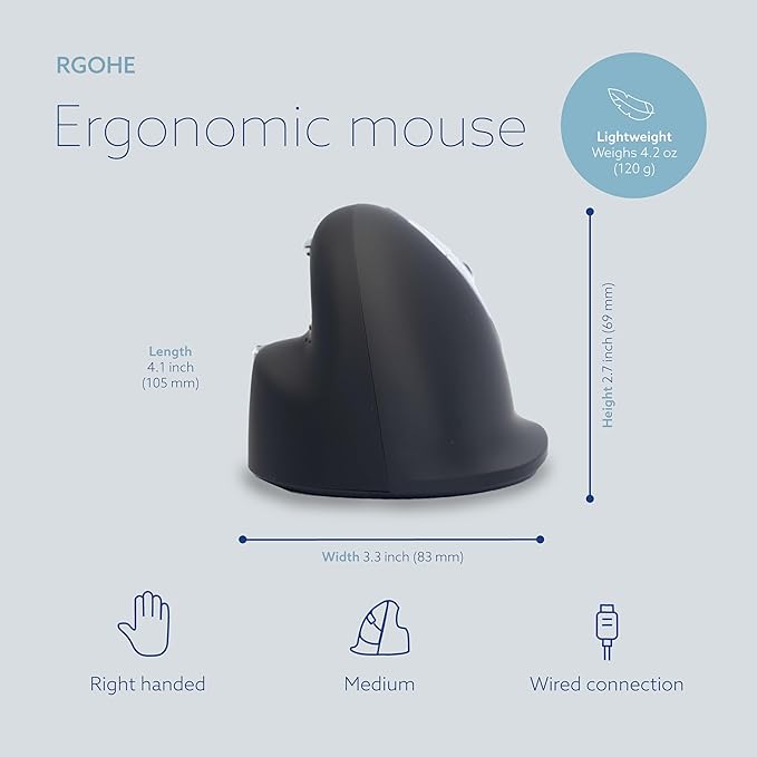 R-Go HE Ergonomic Mouse with Break Software USB-C Wired (with USB A Converter) Vertical Design Anti Carpal Tunnel Silent Click Customisable Buttons Compatible for Windows/Mac OS Black/Silver