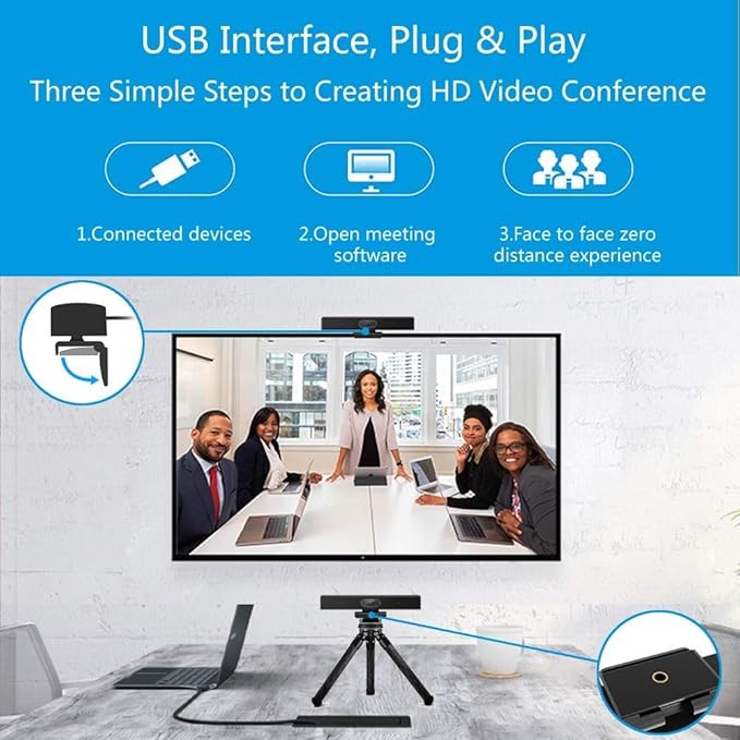 JACKLY Conference Room Camera with Microphone and Speaker Wide Angle USB Video Conference Camera for Mac PC Laptop Desktop (Black with Inverted Phase)