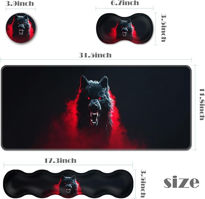 Ergonomic Keyboard Wrist Rest &amp Mouse Pad Wrist Rest SetXL Gaming Desk Mat 31.5x 11.8Non-Slip BaseMemory FoamEasy Typing Pain Relief for Office &amp HomeWolf Red Smoke