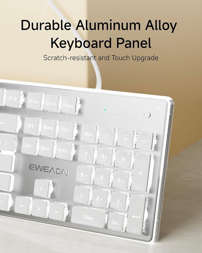 EWEADN GX710S Backlit Computer Keyboards Wired USB Keyboard with White Backlit Metal Panel Plug and Play Pudding Keycaps Full Size Quite Computer Keyboard for Win/PC/Laptop-White