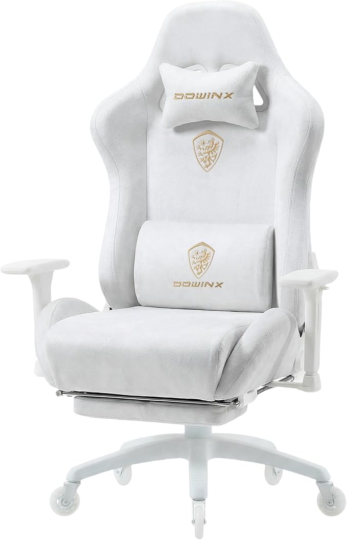 Dowinx Big and Tall Gaming Chair with Suede Fabric Breathable Game Chairs for Adults with Oversized Thick Seat for 440lbs Ergonomic Gamer Chair for Streaming &amp Long Gaming Sessions White