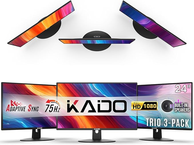 Kado Triple Monitor Setup - 3-Pack 24 1920x1080 Computer Monitor 75Hz VESA Mount HDMI Office Gaming Hybrid Built-in Speakers (E24 Trio Series)