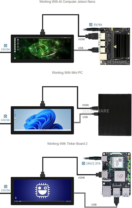 Waveshare 12.3inch Capacitive Touch Screen LCD Compatible with Raspberry Pi 5/4B/3B+/3B/2B/B+/A+/Zero/Zero W/WH/Zero 2W Series Boards 600 Cd/M²1920×720 HDMI IPS Toughened Glass Panel
